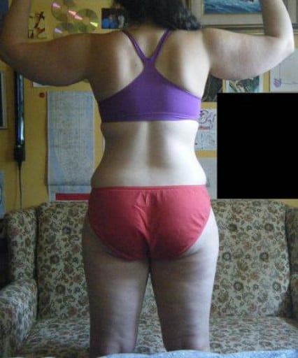 A before and after photo of a 5'6" female showing a snapshot of 164 pounds at a height of 5'6