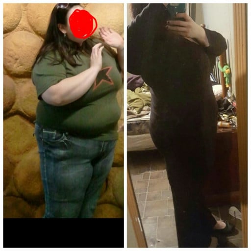 A progress pic of a 5'10" woman showing a fat loss from 360 pounds to 259 pounds. A total loss of 101 pounds.