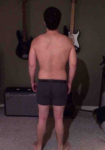 A before and after photo of a 5'8" male showing a snapshot of 174 pounds at a height of 5'8
