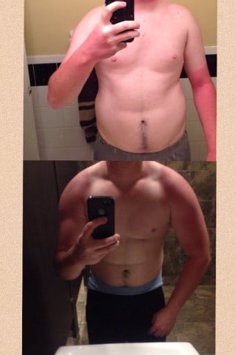A before and after photo of a 5'8" male showing a weight reduction from 178 pounds to 173 pounds. A respectable loss of 5 pounds.