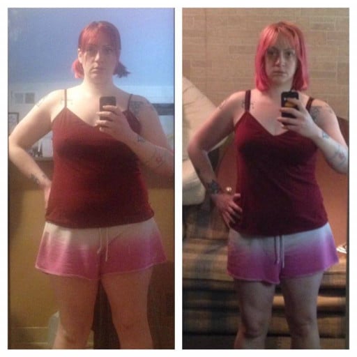 A photo of a 5'4" woman showing a weight loss from 184 pounds to 168 pounds. A net loss of 16 pounds.