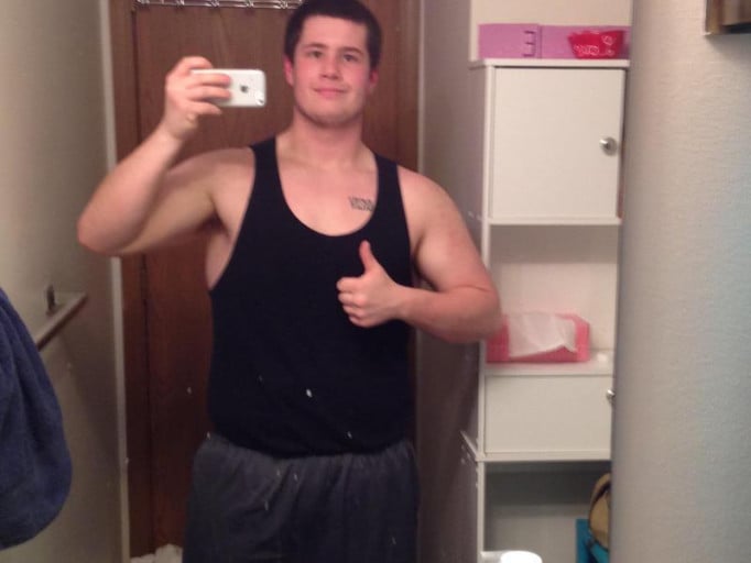 A progress pic of a 5'10" man showing a weight loss from 355 pounds to 225 pounds. A total loss of 130 pounds.