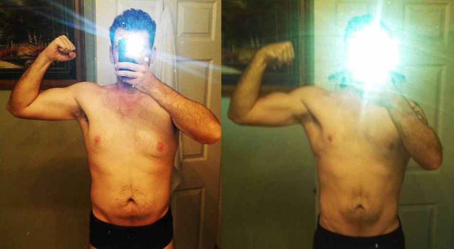 A progress pic of a 6'0" man showing a weight cut from 240 pounds to 205 pounds. A total loss of 35 pounds.