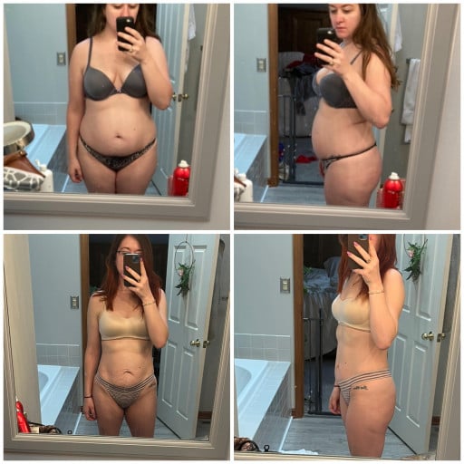 A picture of a 5'7" female showing a weight loss from 201 pounds to 157 pounds. A respectable loss of 44 pounds.