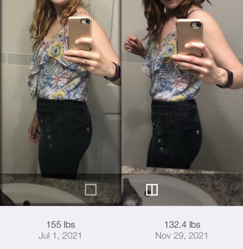 Before and After 23 lbs Weight Loss 5 foot 8 Female 155 lbs to 132 lbs
