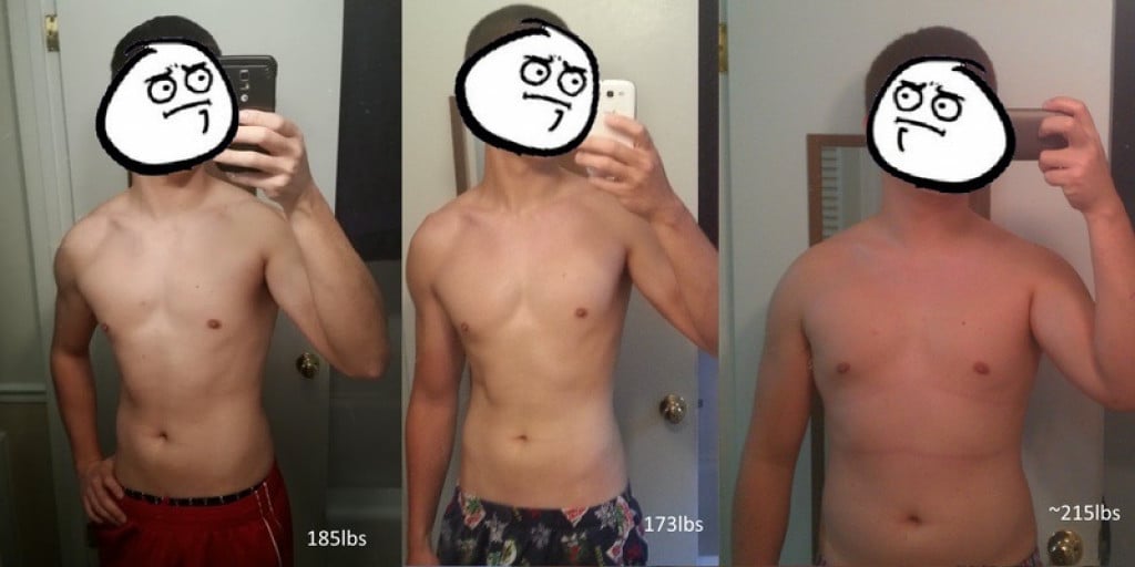 A picture of a 6'2" male showing a weight loss from 215 pounds to 173 pounds. A total loss of 42 pounds.