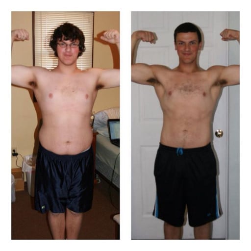 A before and after photo of a 5'11" male showing a weight reduction from 230 pounds to 175 pounds. A respectable loss of 55 pounds.