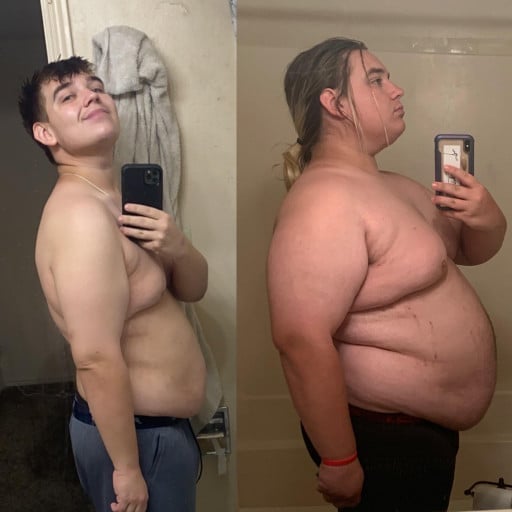 A progress pic of a 5'8" man showing a fat loss from 313 pounds to 210 pounds. A respectable loss of 103 pounds.