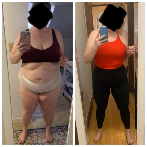 A progress pic of a 5'10" woman showing a fat loss from 306 pounds to 212 pounds. A net loss of 94 pounds.