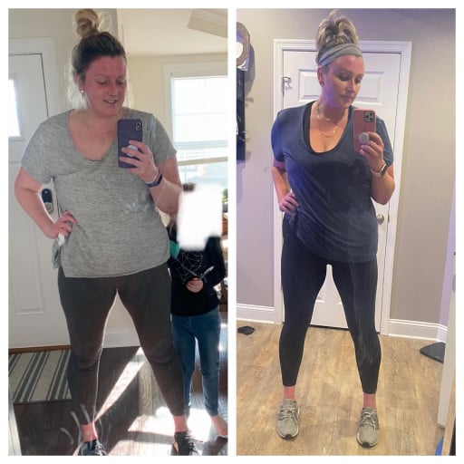 A progress pic of a 6'0" woman showing a fat loss from 252 pounds to 199 pounds. A respectable loss of 53 pounds.