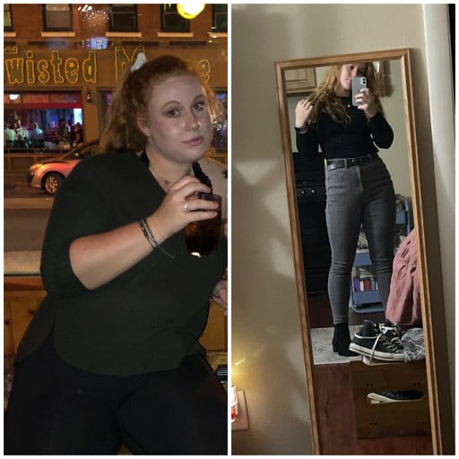 A picture of a 5'4" female showing a weight loss from 210 pounds to 150 pounds. A net loss of 60 pounds.