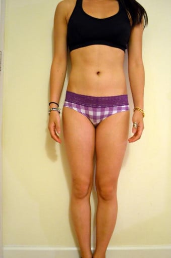 A before and after photo of a 5'4" female showing a snapshot of 110 pounds at a height of 5'4