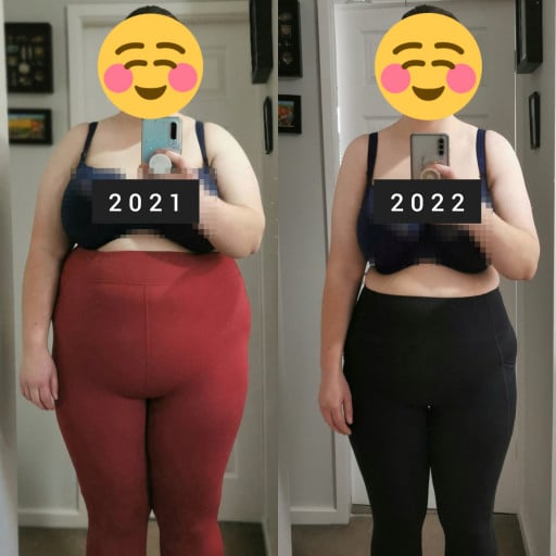 A before and after photo of a 5'7" female showing a weight reduction from 287 pounds to 203 pounds. A net loss of 84 pounds.