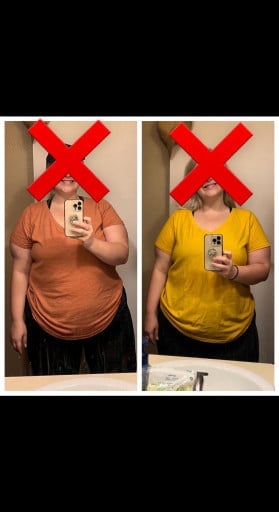A progress pic of a 5'6" woman showing a fat loss from 315 pounds to 270 pounds. A net loss of 45 pounds.