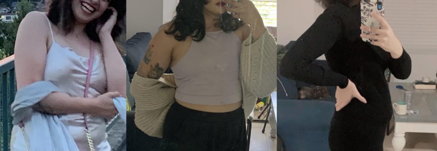 A progress pic of a 5'4" woman showing a fat loss from 160 pounds to 130 pounds. A total loss of 30 pounds.