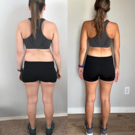 A photo of a 5'6" woman showing a weight cut from 153 pounds to 137 pounds. A total loss of 16 pounds.