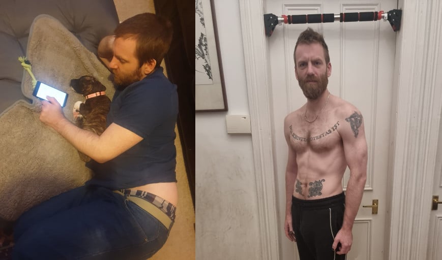 A progress pic of a 5'11" man showing a fat loss from 200 pounds to 155 pounds. A net loss of 45 pounds.