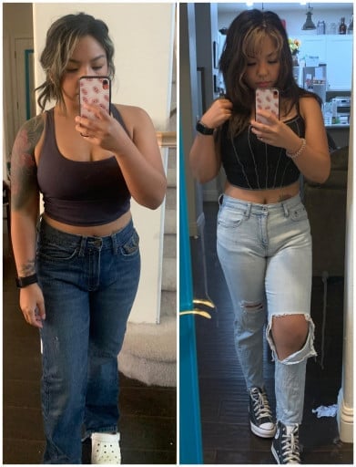 A progress pic of a 4'11" woman showing a fat loss from 139 pounds to 130 pounds. A net loss of 9 pounds.