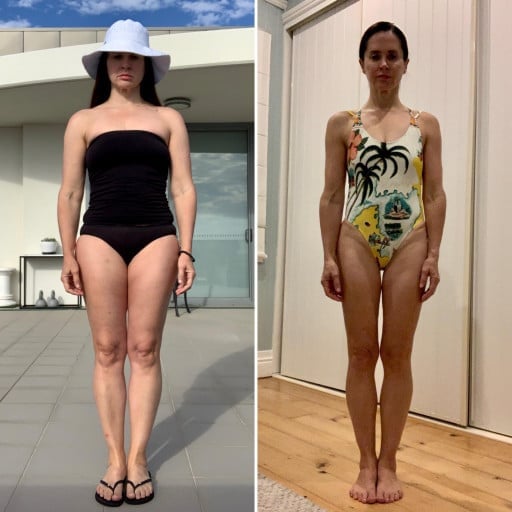 A before and after photo of a 5'3" female showing a weight reduction from 139 pounds to 116 pounds. A total loss of 23 pounds.