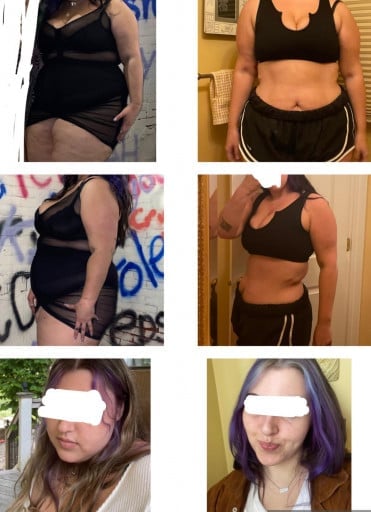 A picture of a 5'8" female showing a weight loss from 305 pounds to 220 pounds. A net loss of 85 pounds.