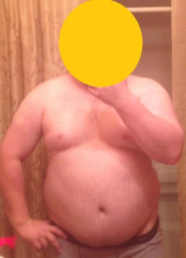 A picture of a 5'10" male showing a weight cut from 325 pounds to 225 pounds. A respectable loss of 100 pounds.