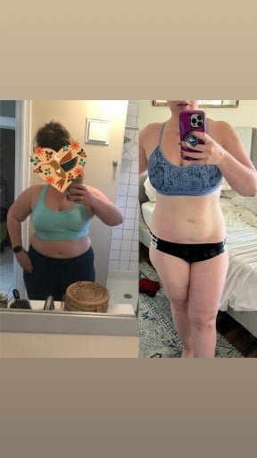 A progress pic of a 5'5" woman showing a fat loss from 244 pounds to 183 pounds. A total loss of 61 pounds.