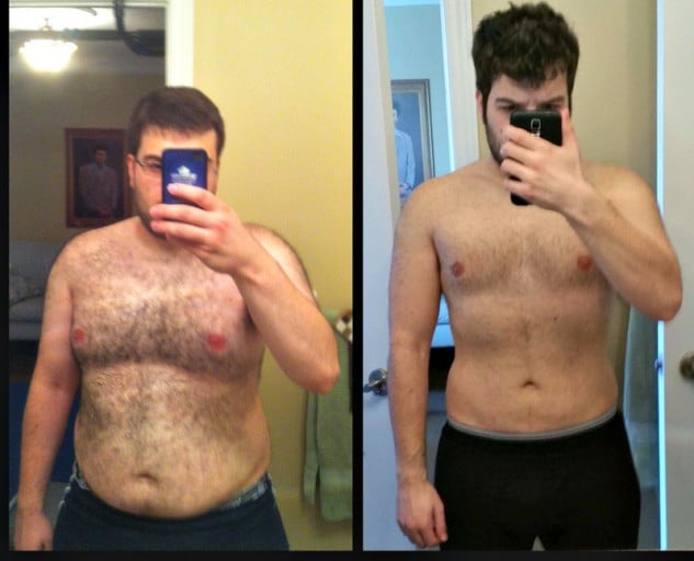 A progress pic of a 5'7" man showing a weight reduction from 240 pounds to 170 pounds. A net loss of 70 pounds.