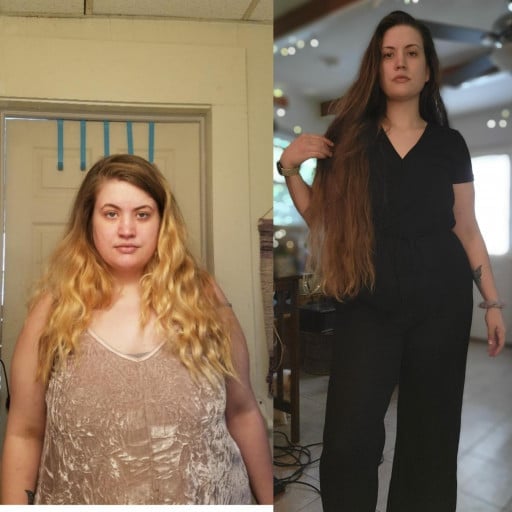 A progress pic of a 5'6" woman showing a fat loss from 243 pounds to 140 pounds. A net loss of 103 pounds.