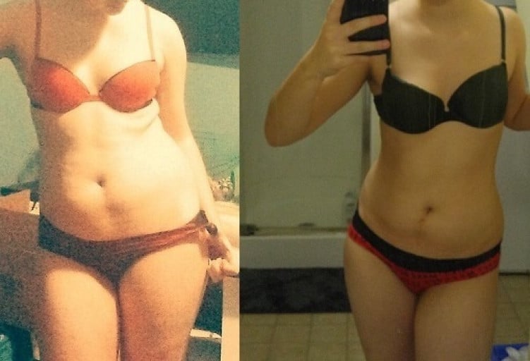 A progress pic of a 5'8" woman showing a fat loss from 154 pounds to 151 pounds. A respectable loss of 3 pounds.