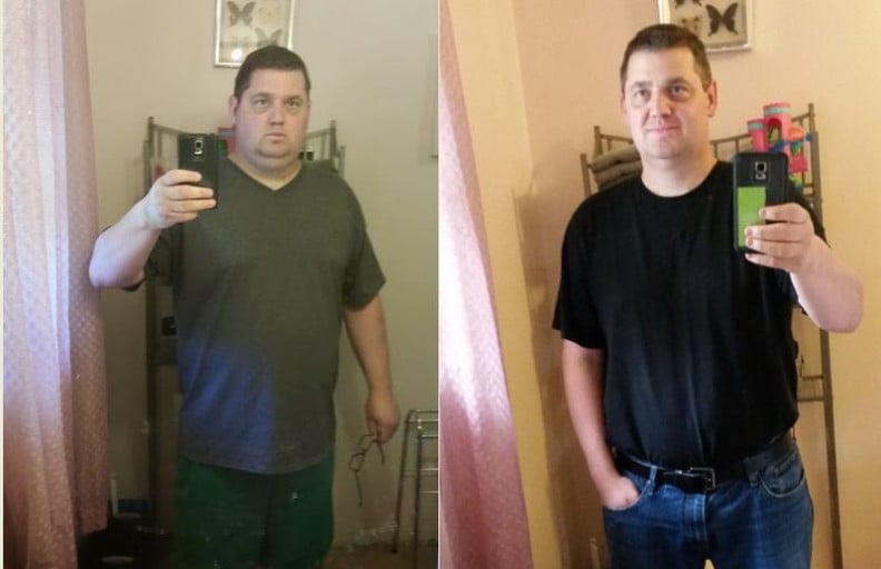 A before and after photo of a 6'1" male showing a weight reduction from 291 pounds to 230 pounds. A net loss of 61 pounds.