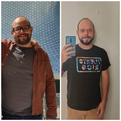 A progress pic of a 5'11" man showing a fat loss from 255 pounds to 215 pounds. A respectable loss of 40 pounds.