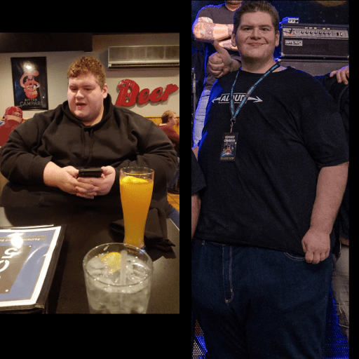 A progress pic of a 6'5" man showing a fat loss from 820 pounds to 520 pounds. A total loss of 300 pounds.