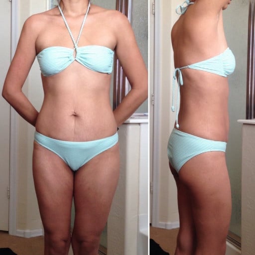A picture of a 5'5" female showing a weight loss from 175 pounds to 115 pounds. A net loss of 60 pounds.