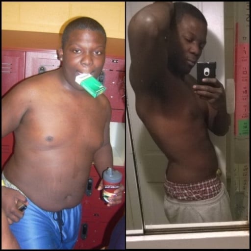 A picture of a 6'0" male showing a weight loss from 299 pounds to 197 pounds. A total loss of 102 pounds.