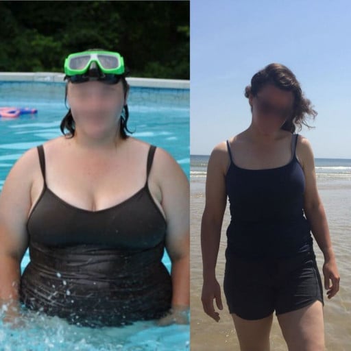 A picture of a 5'11" female showing a weight loss from 304 pounds to 185 pounds. A respectable loss of 119 pounds.