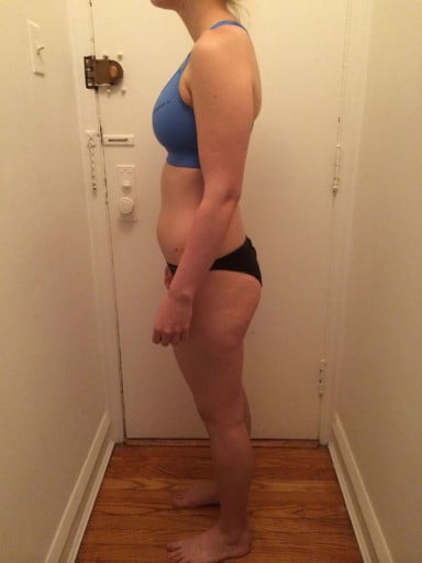 A photo of a 5'6" woman showing a snapshot of 142 pounds at a height of 5'6