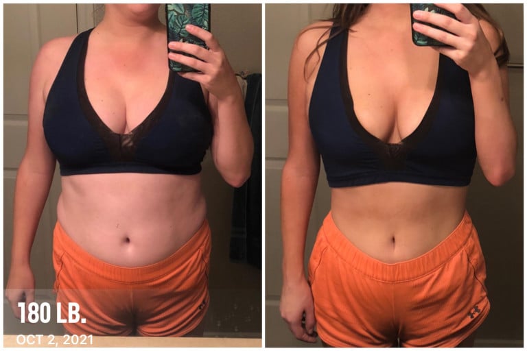 Before and After 33 lbs Fat Loss 5'8 Female 180 lbs to 147 lbs