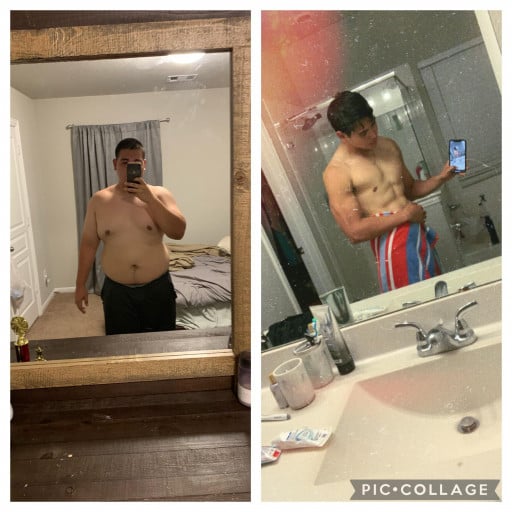 A before and after photo of a 5'11" male showing a weight reduction from 300 pounds to 172 pounds. A respectable loss of 128 pounds.
