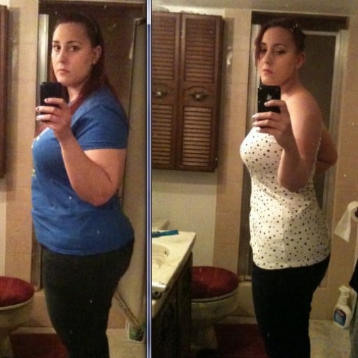 A progress pic of a 5'8" woman showing a fat loss from 250 pounds to 196 pounds. A net loss of 54 pounds.