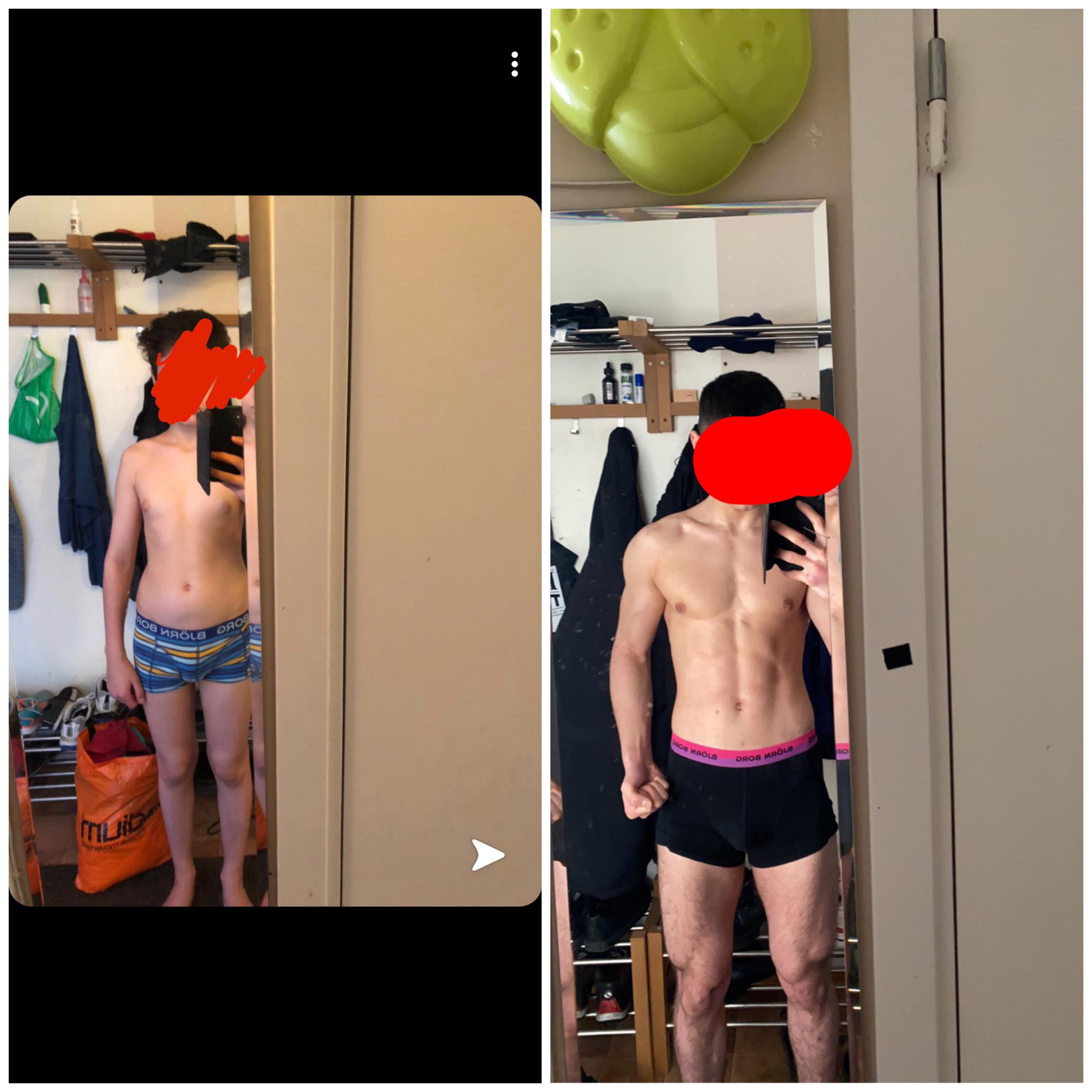 Before and After 39 lbs Muscle Gain 5'8 Male 101 lbs to 140 lbs