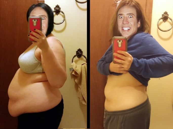 A picture of a 5'6" female showing a weight loss from 260 pounds to 208 pounds. A net loss of 52 pounds.