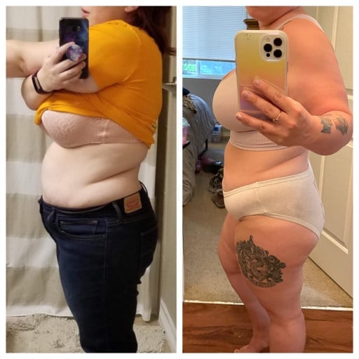 A picture of a 4'11" female showing a weight loss from 198 pounds to 170 pounds. A net loss of 28 pounds.