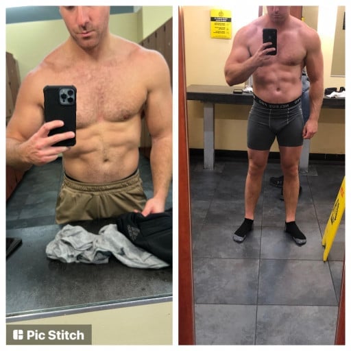A before and after photo of a 6'0" male showing a weight reduction from 205 pounds to 190 pounds. A respectable loss of 15 pounds.