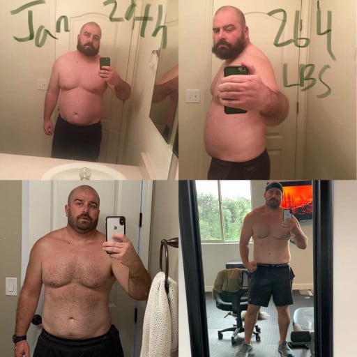 A picture of a 5'11" male showing a weight loss from 264 pounds to 224 pounds. A net loss of 40 pounds.