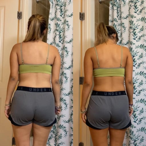 A picture of a 5'5" female showing a weight loss from 135 pounds to 129 pounds. A net loss of 6 pounds.