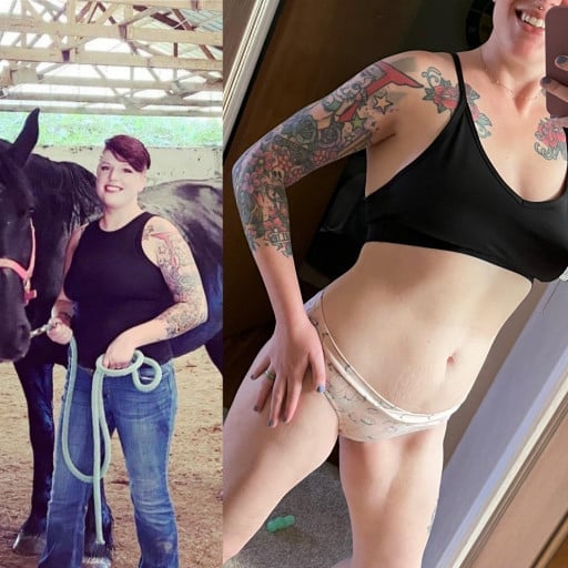 A before and after photo of a 5'7" female showing a weight reduction from 200 pounds to 145 pounds. A net loss of 55 pounds.