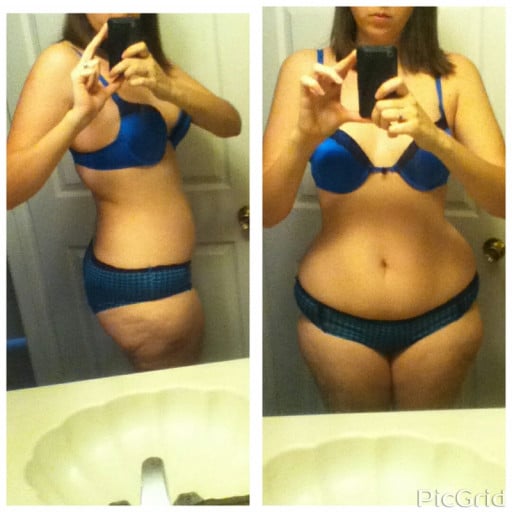 A before and after photo of a 5'10" female showing a fat loss from 176 pounds to 171 pounds. A total loss of 5 pounds.