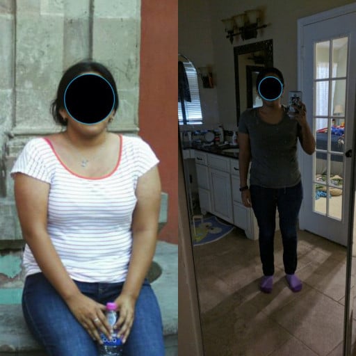 A progress pic of a 5'4" woman showing a fat loss from 178 pounds to 144 pounds. A total loss of 34 pounds.