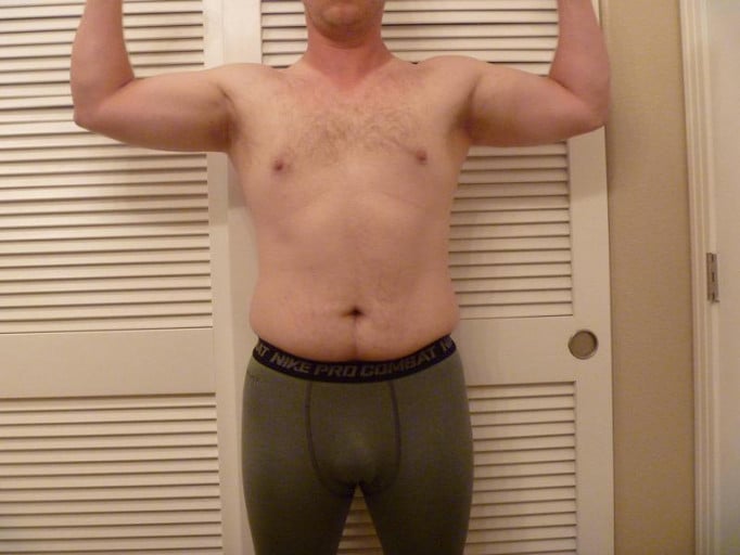 A before and after photo of a 5'9" male showing a snapshot of 195 pounds at a height of 5'9