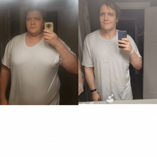 A progress pic of a 6'2" man showing a fat loss from 358 pounds to 235 pounds. A net loss of 123 pounds.